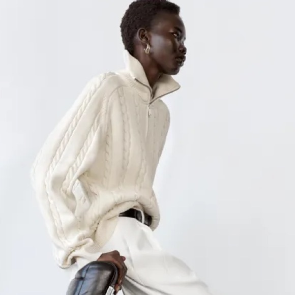 Zara Sweaters - ZARA Women’s Cream Cotton Cable-knit Polo Dad Sweater with Zip Collar | XL NWT
